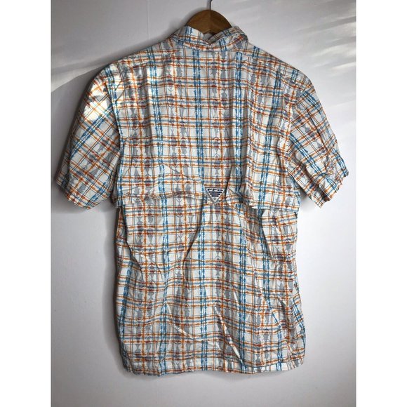 Columbia PFG Mens Small Orange Blue White Short Sleeve Button Fish Graphic Shirt - Picture 8 of 10